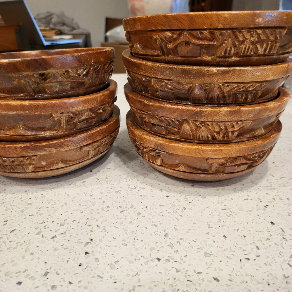 8 pc set Vintage Monkey Paw Carved Water Buffalo Salad Bowl